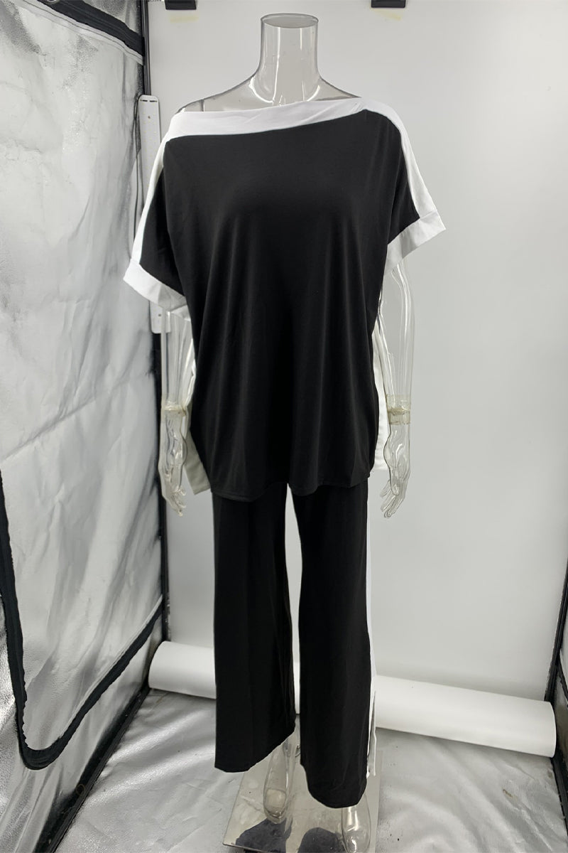 Striped Patchwork Oblique Collar Half Sleeve Two Pieces