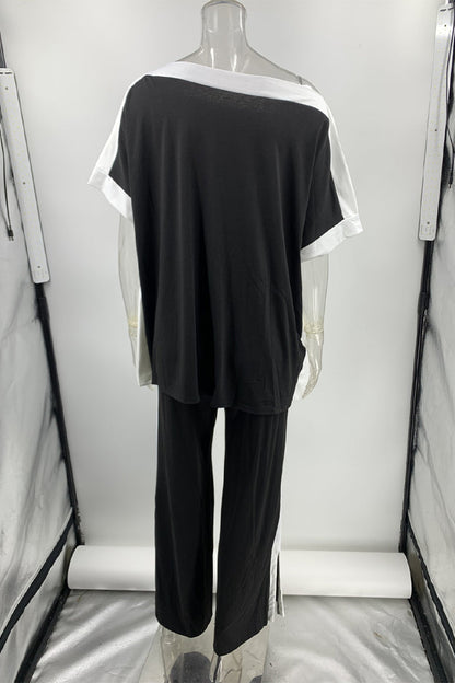 Striped Patchwork Oblique Collar Half Sleeve Two Pieces