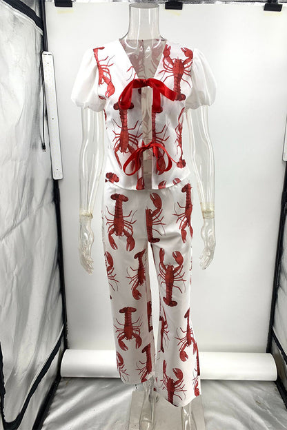 Print Animal Frenulum With Bow V Neck Short Sleeve Two Pieces