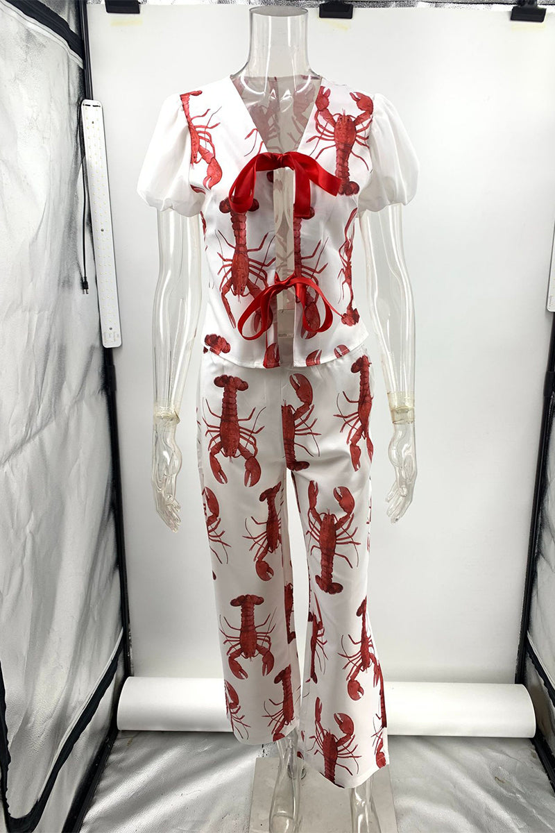 Print Animal Frenulum With Bow V Neck Short Sleeve Two Pieces