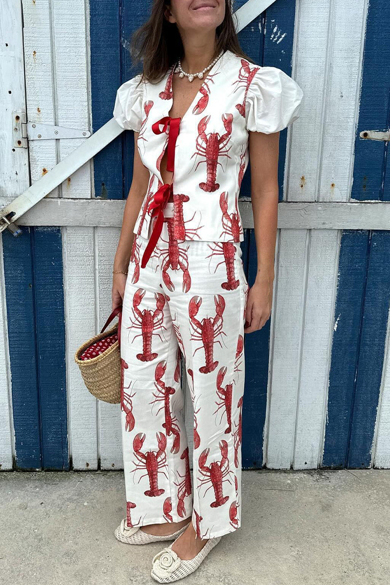 Print Animal Frenulum With Bow V Neck Short Sleeve Two Pieces