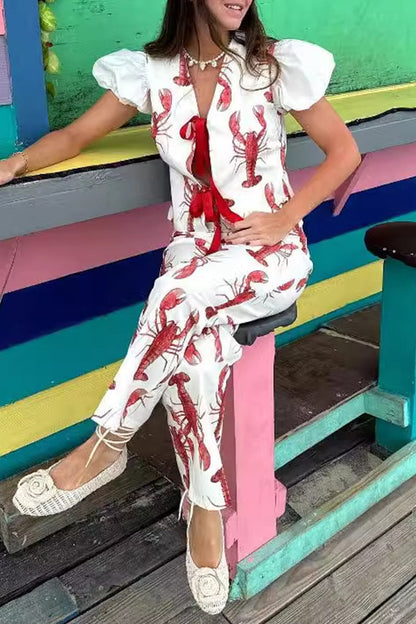 Print Animal Frenulum With Bow V Neck Short Sleeve Two Pieces