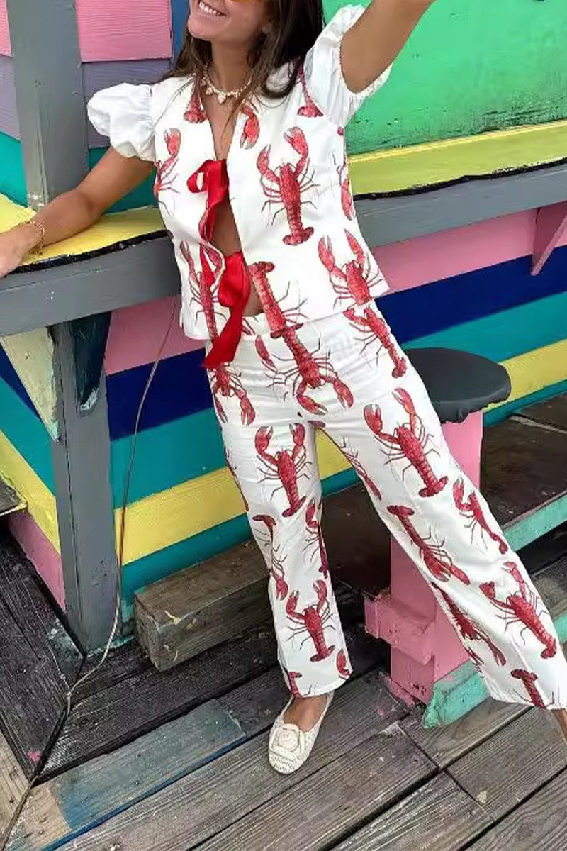 Print Animal Frenulum With Bow V Neck Short Sleeve Two Pieces