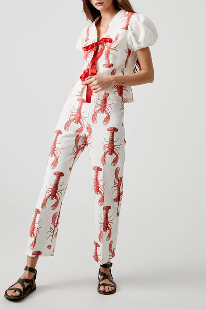 Print Animal Frenulum With Bow V Neck Short Sleeve Two Pieces