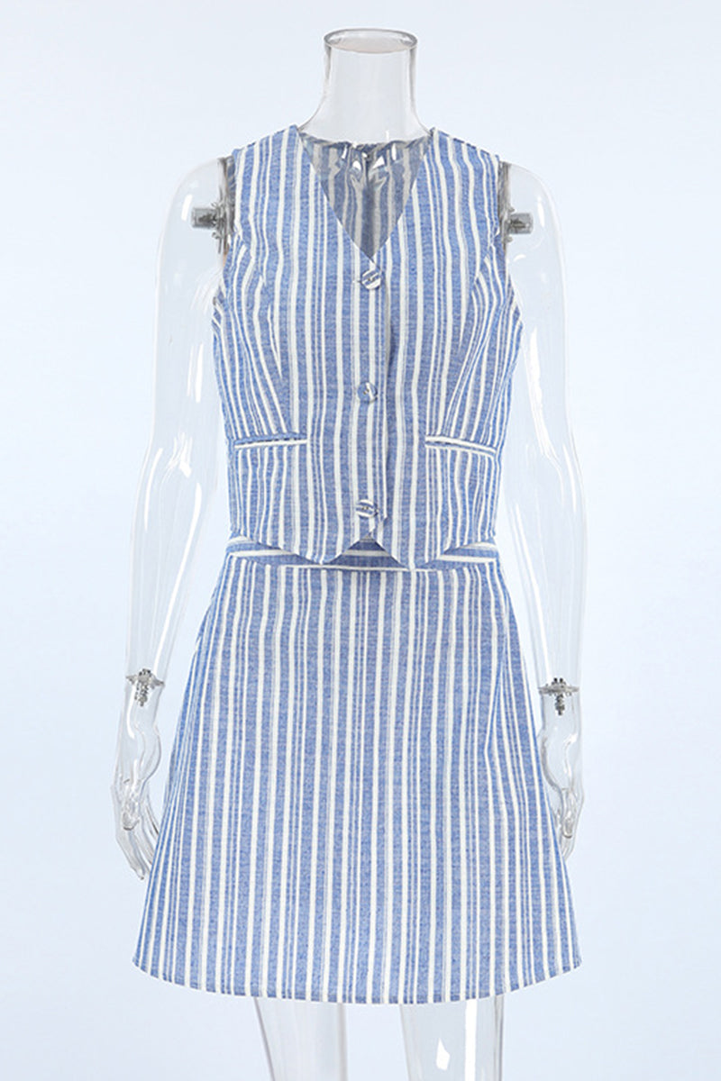 Work Striped Contrast V Neck Sleeveless Two Pieces