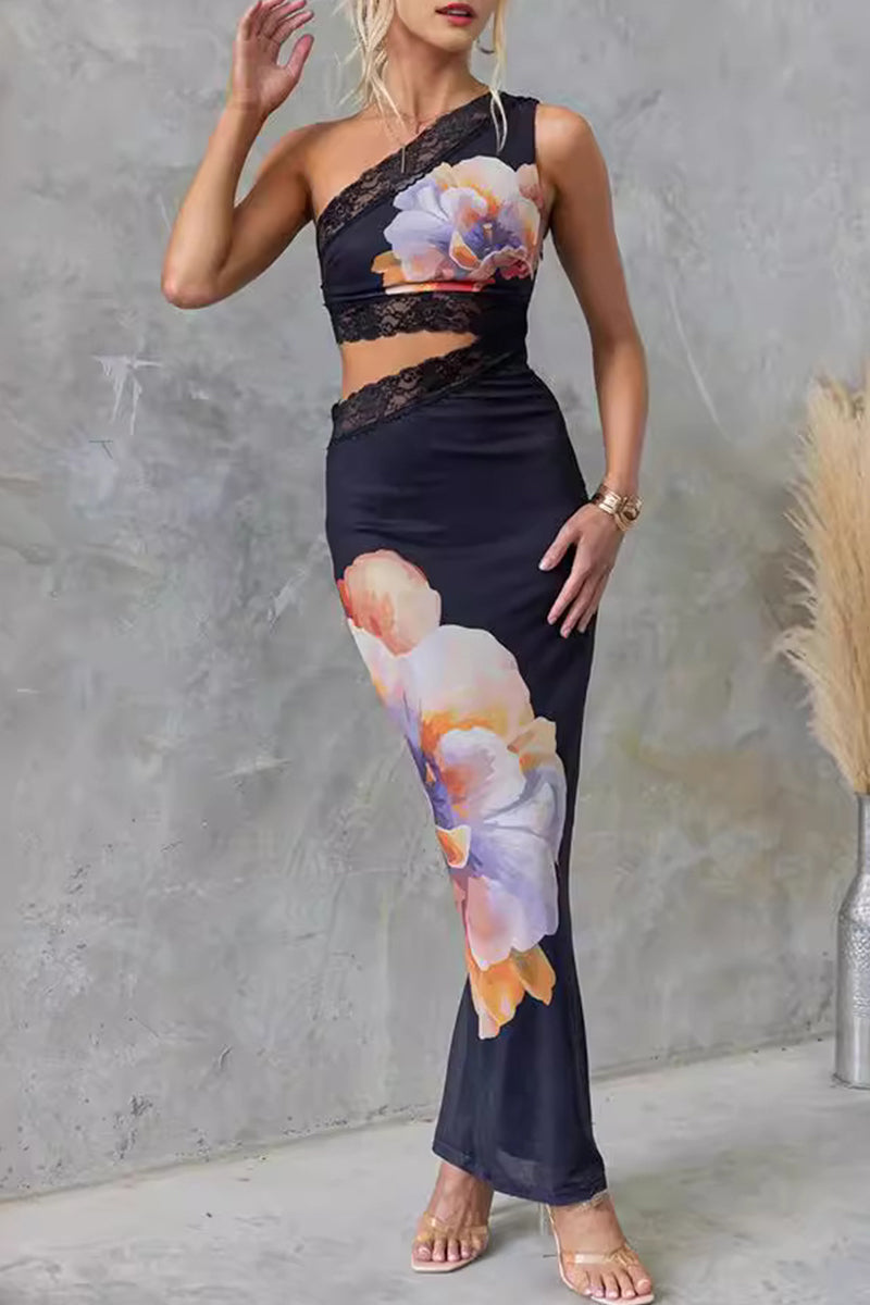 Print Flowers Lace Oblique Collar One Step Skirt Dresses