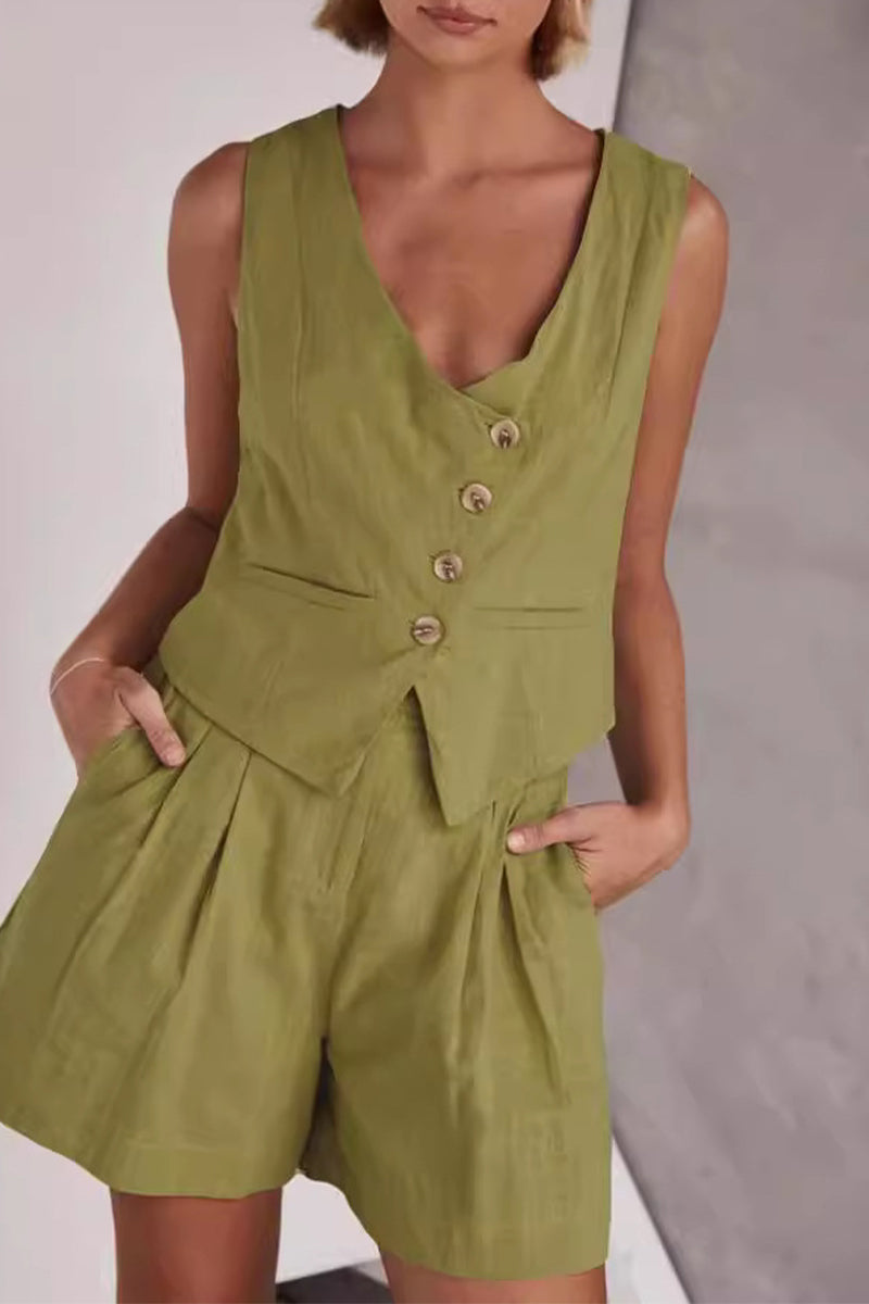 Simplicity Pocket Buttons V Neck Sleeveless Two Pieces