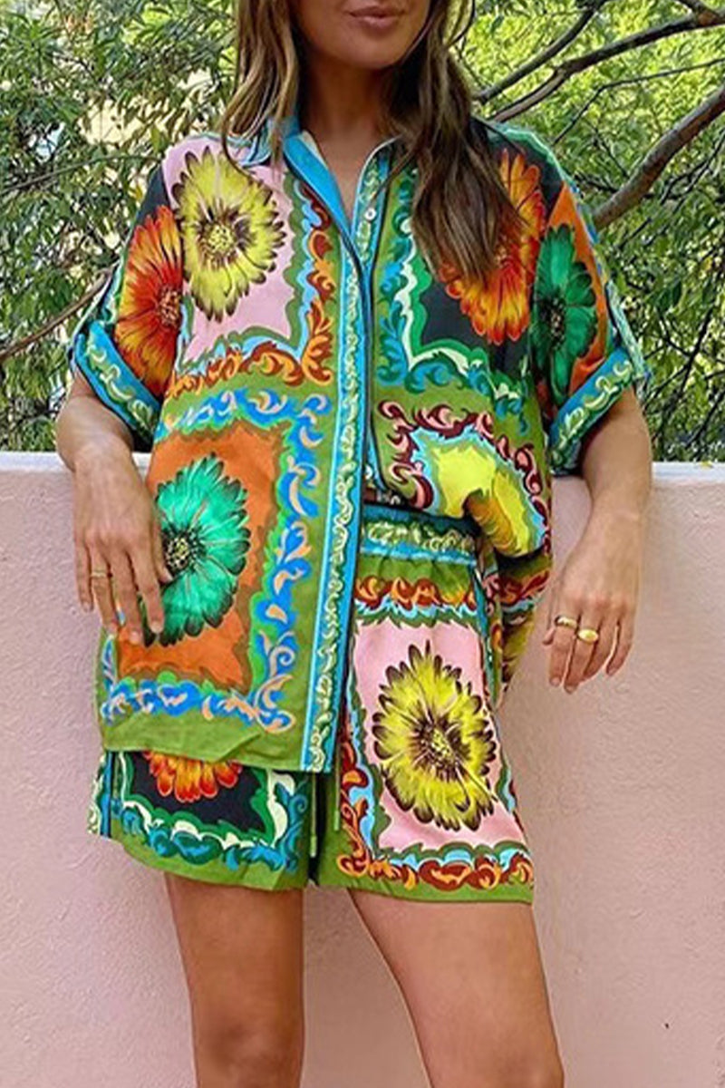 Vacation Print Flowers Patchwork Turndown Collar Short Sleeve Two Pieces