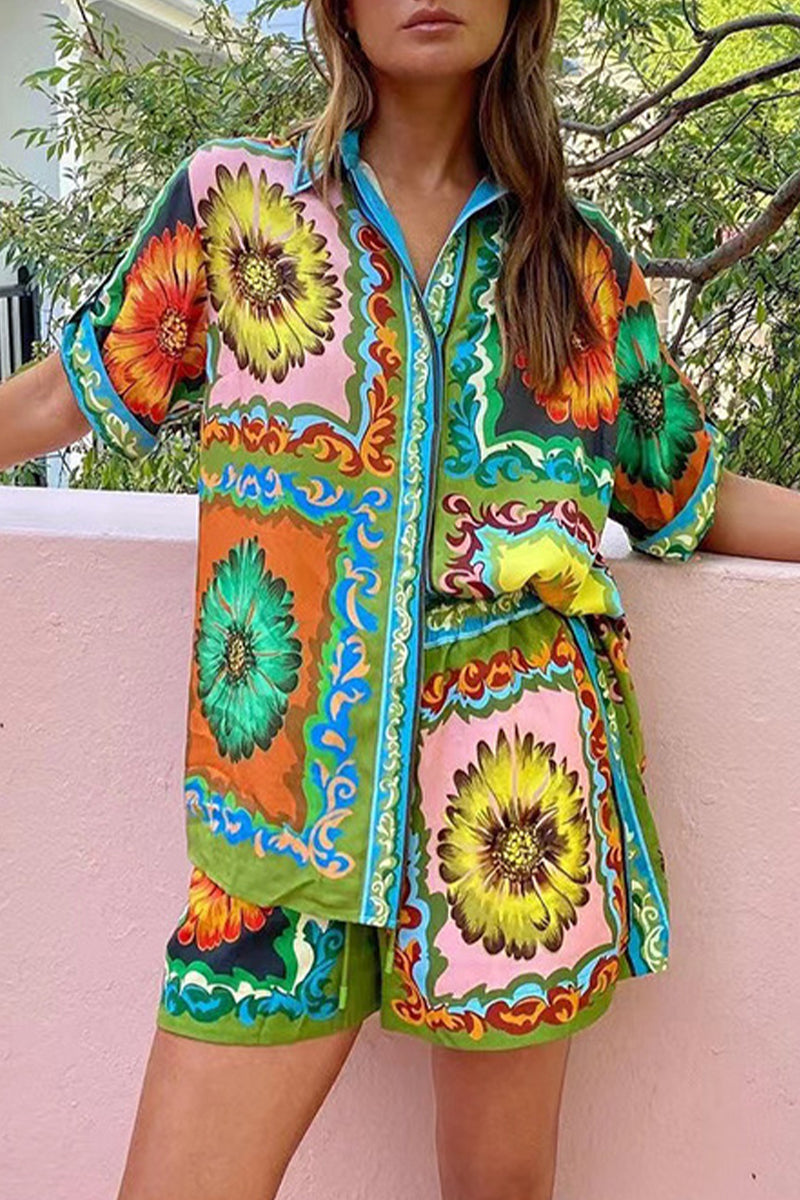 Vacation Print Flowers Patchwork Turndown Collar Short Sleeve Two Pieces