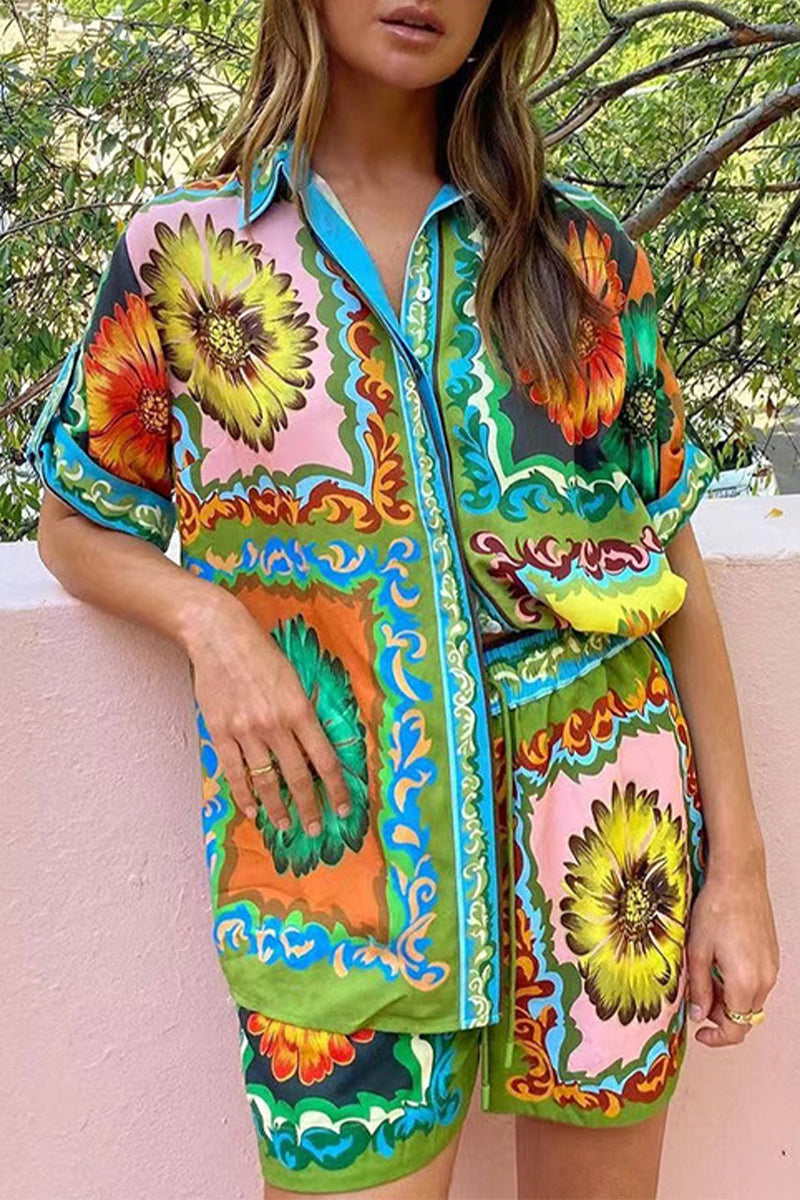 Vacation Print Flowers Patchwork Turndown Collar Short Sleeve Two Pieces
