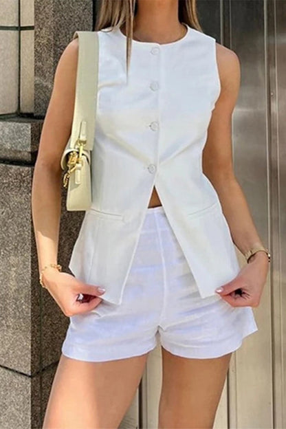 Simplicity Buttons Slit O Neck Sleeveless Two Pieces