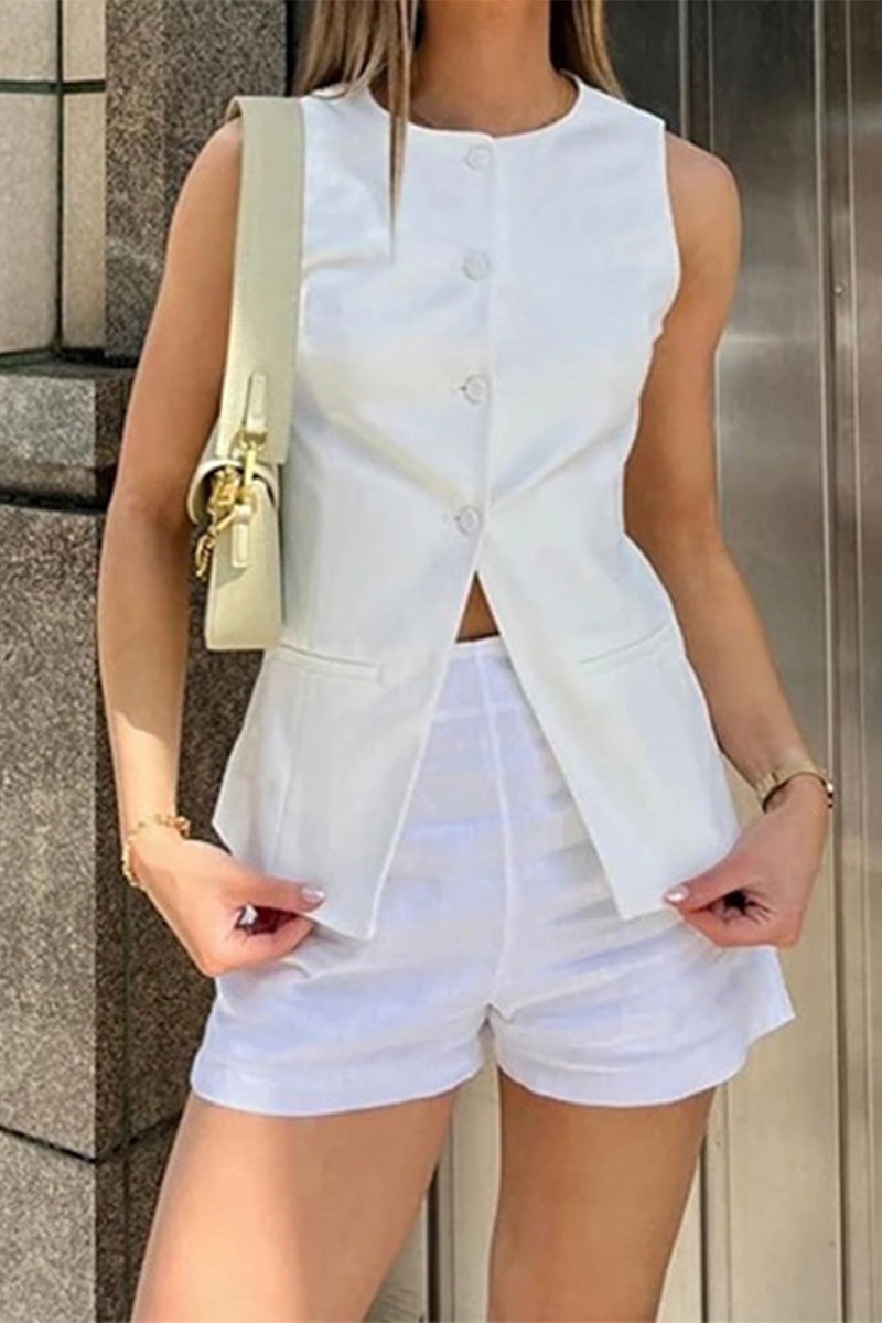 Simplicity Buttons Slit O Neck Sleeveless Two Pieces