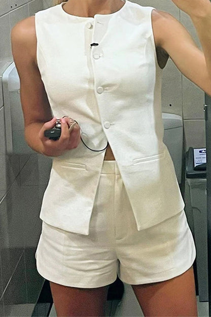 Simplicity Buttons Slit O Neck Sleeveless Two Pieces