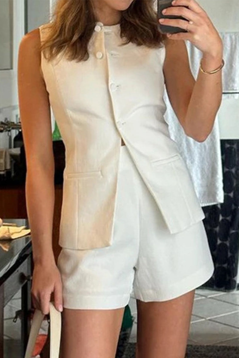 Simplicity Buttons Slit O Neck Sleeveless Two Pieces