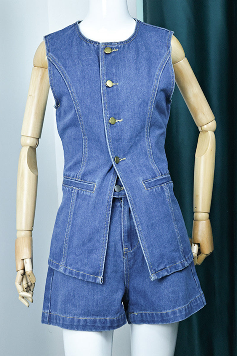 Simplicity Buttons Slit O Neck Sleeveless Two Pieces