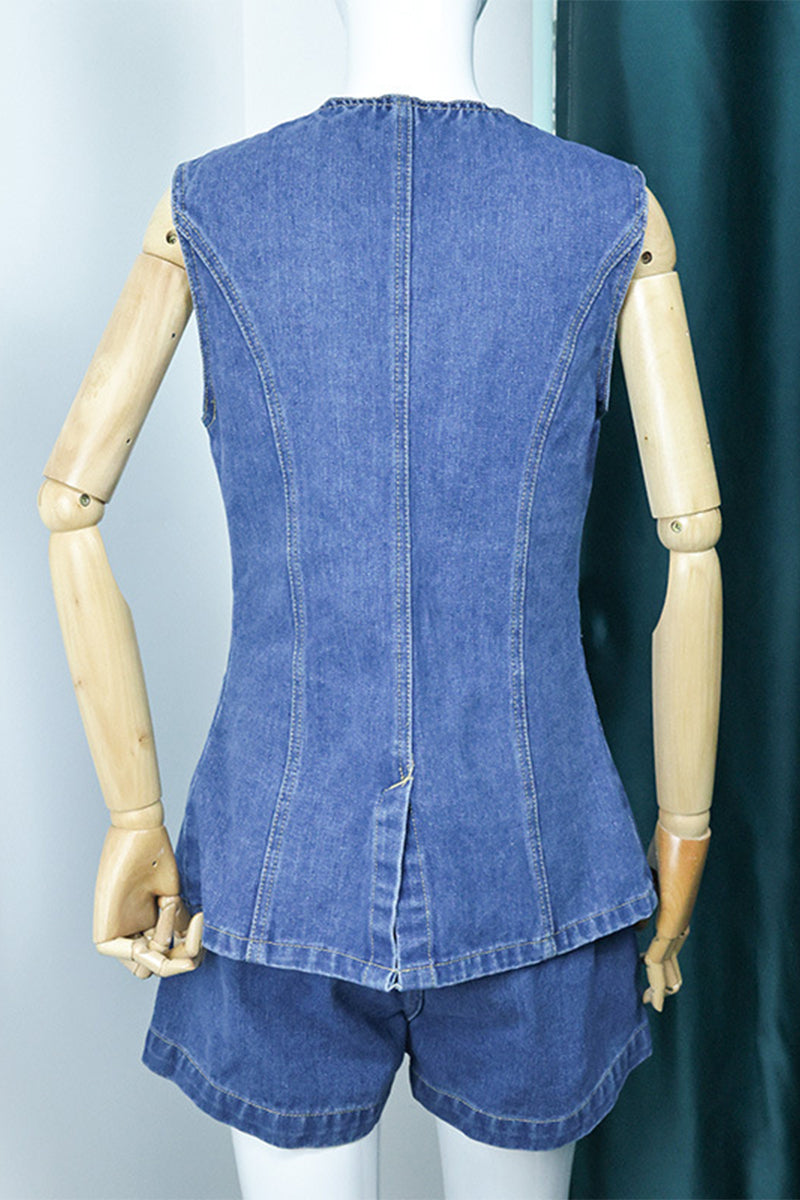 Simplicity Buttons Slit O Neck Sleeveless Two Pieces