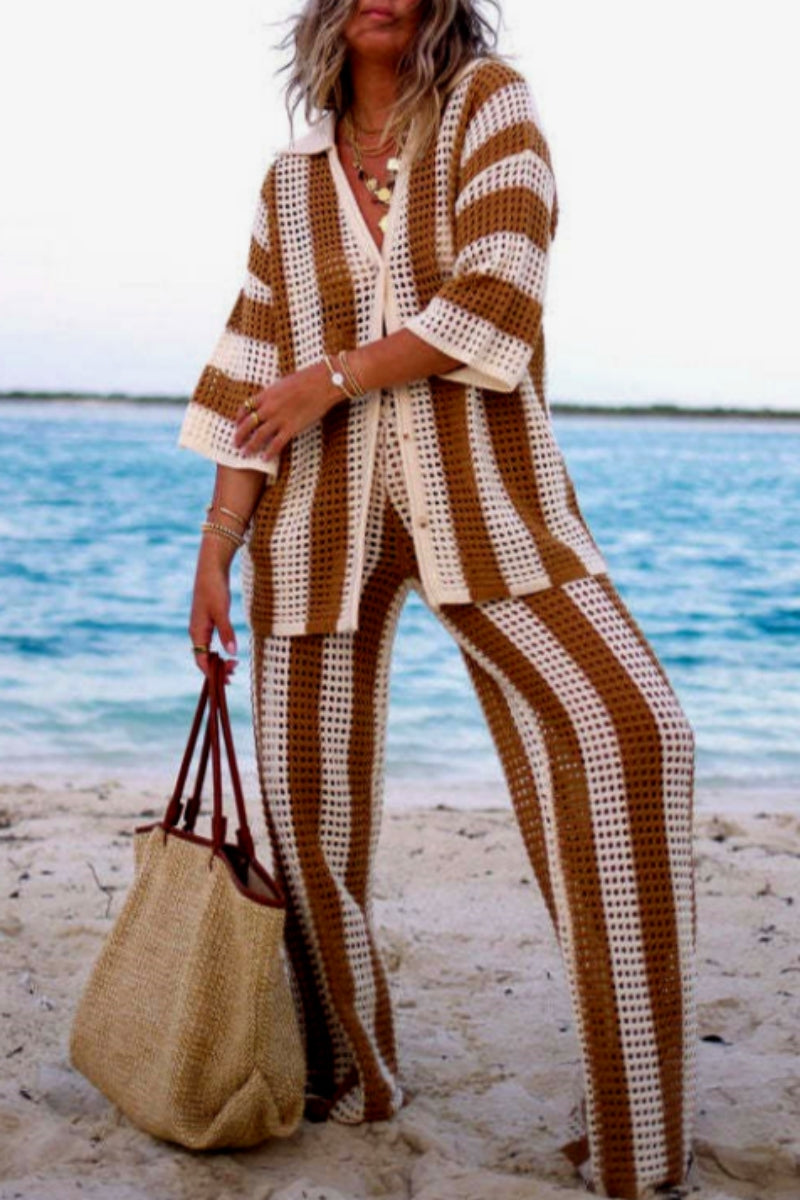 Patchwork Hollowed Out Contrast V Neck Long Sleeve Two Pieces