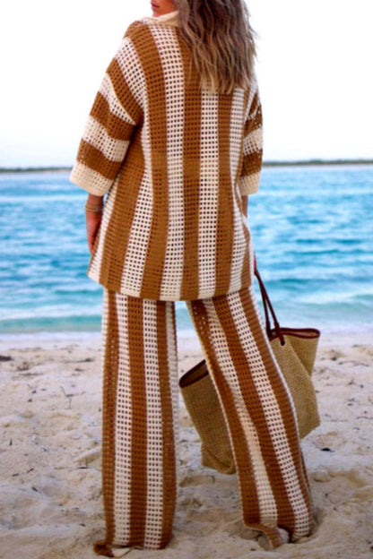 Patchwork Hollowed Out Contrast V Neck Long Sleeve Two Pieces