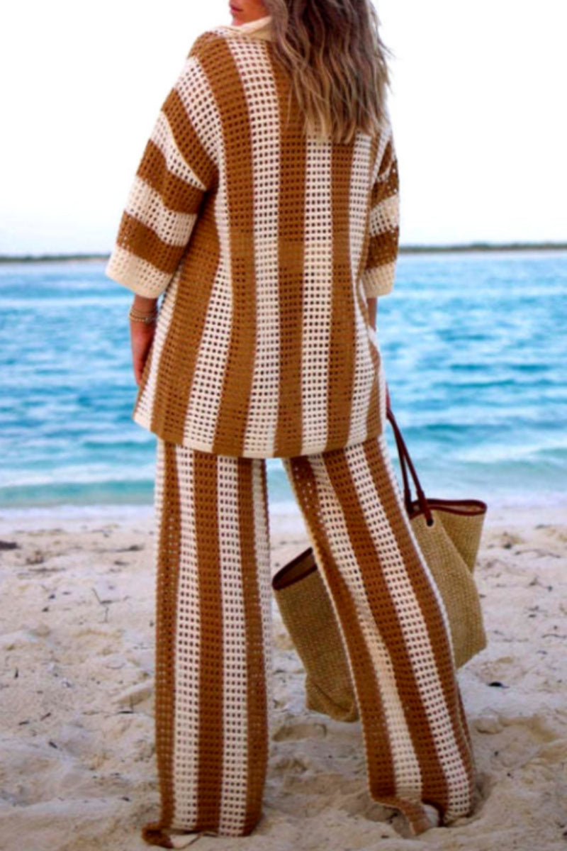 Patchwork Hollowed Out Contrast V Neck Long Sleeve Two Pieces