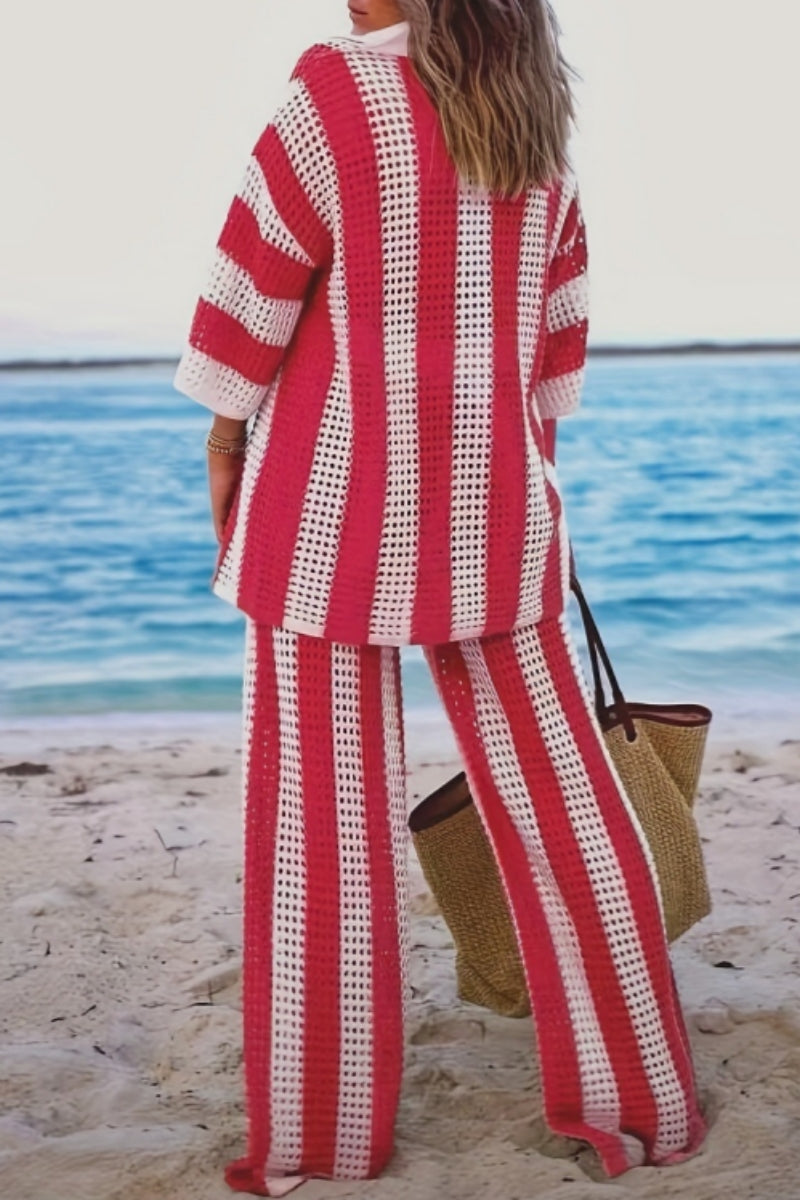 Patchwork Hollowed Out Contrast V Neck Long Sleeve Two Pieces