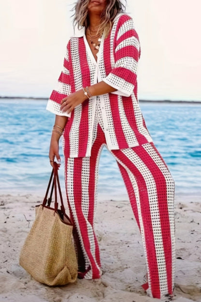 Patchwork Hollowed Out Contrast V Neck Long Sleeve Two Pieces