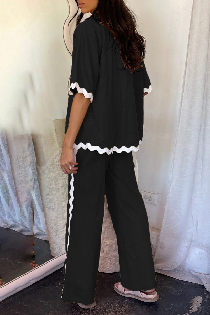Simplicity Ripple Patchwork Boat Neck Long Sleeve Two Pieces