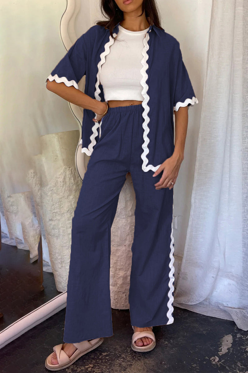 Simplicity Ripple Patchwork Boat Neck Long Sleeve Two Pieces