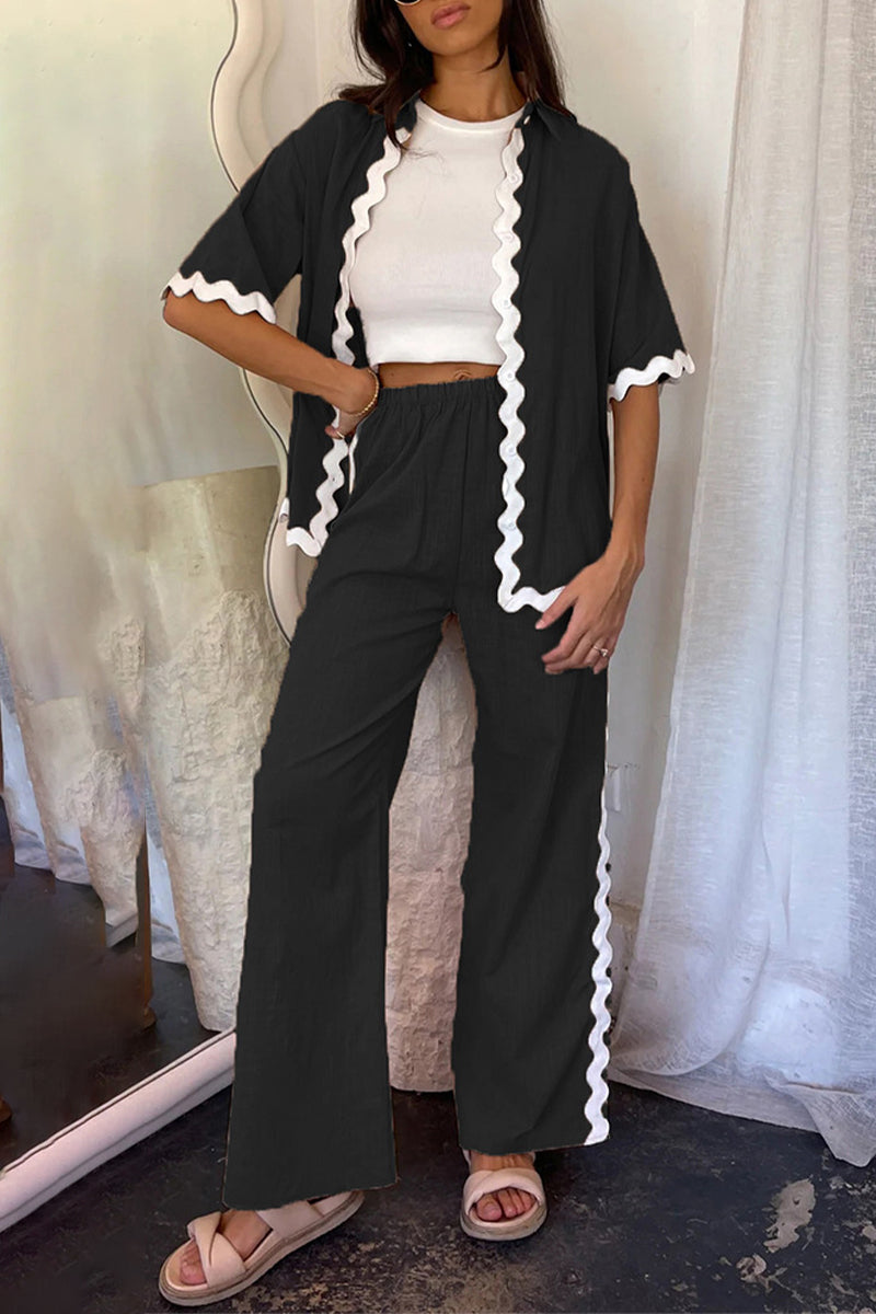 Simplicity Ripple Patchwork Boat Neck Long Sleeve Two Pieces