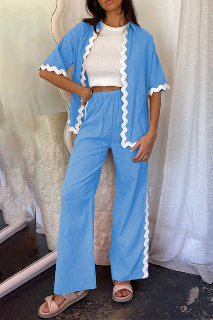 Simplicity Ripple Patchwork Boat Neck Long Sleeve Two Pieces
