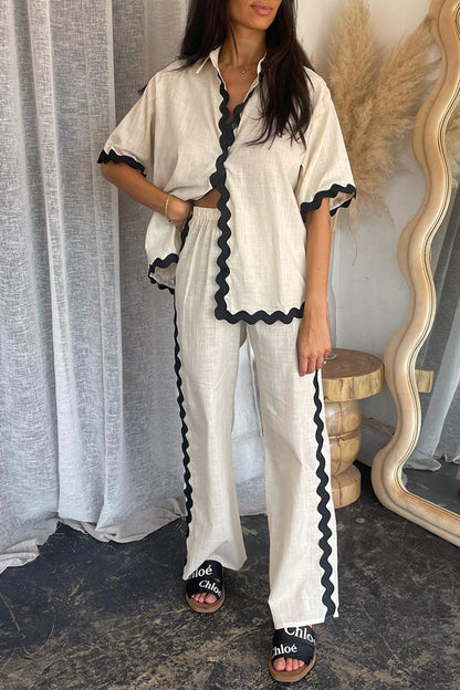 Simplicity Ripple Patchwork Boat Neck Long Sleeve Two Pieces