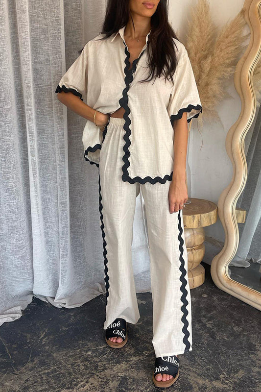 Simplicity Ripple Patchwork Boat Neck Long Sleeve Two Pieces