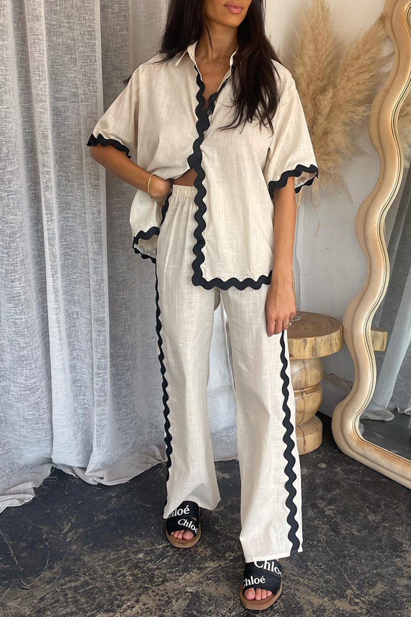 Simplicity Ripple Patchwork Boat Neck Long Sleeve Two Pieces