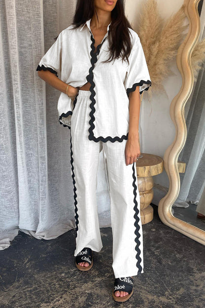 Simplicity Ripple Patchwork Boat Neck Long Sleeve Two Pieces