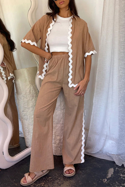 Simplicity Ripple Patchwork Boat Neck Long Sleeve Two Pieces