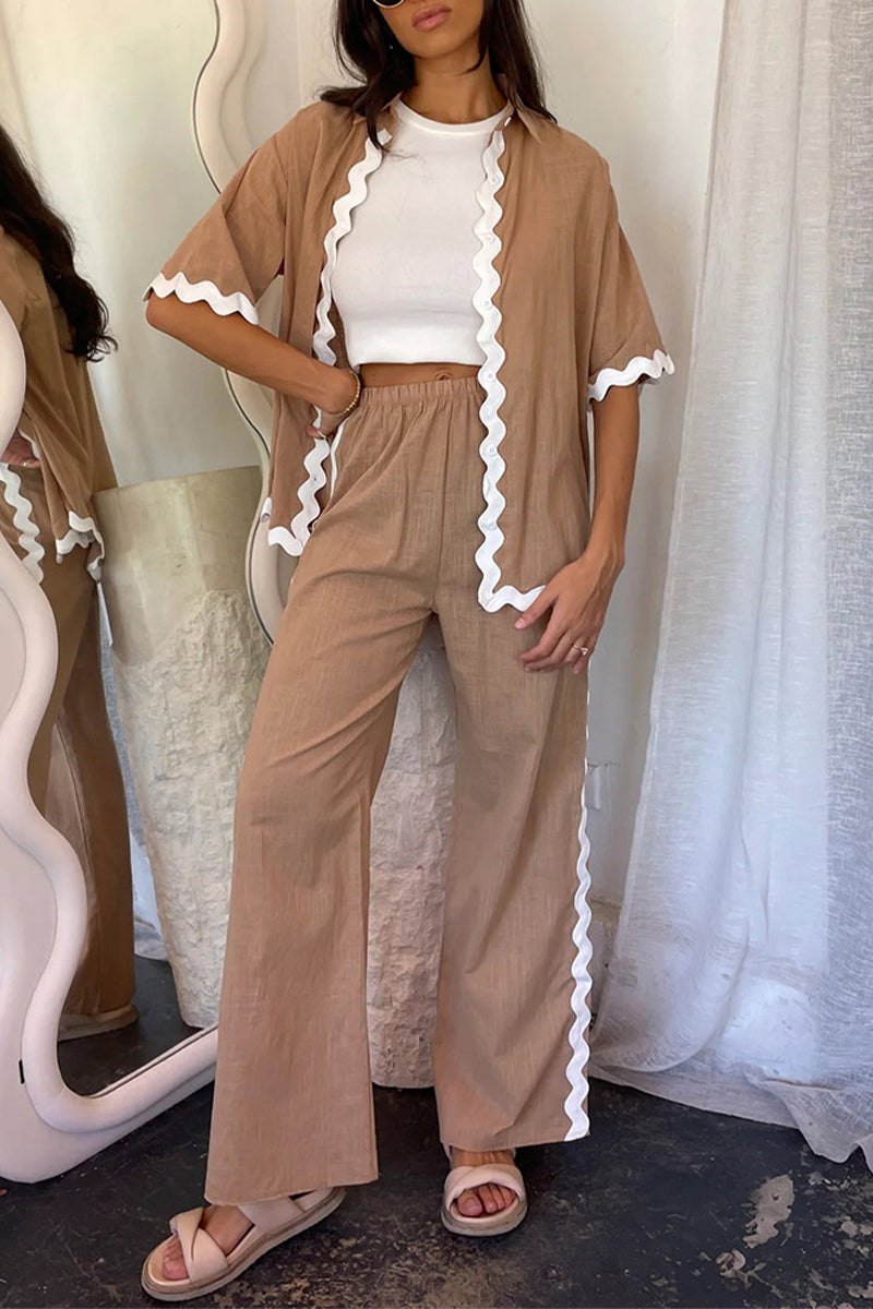 Simplicity Ripple Patchwork Boat Neck Long Sleeve Two Pieces