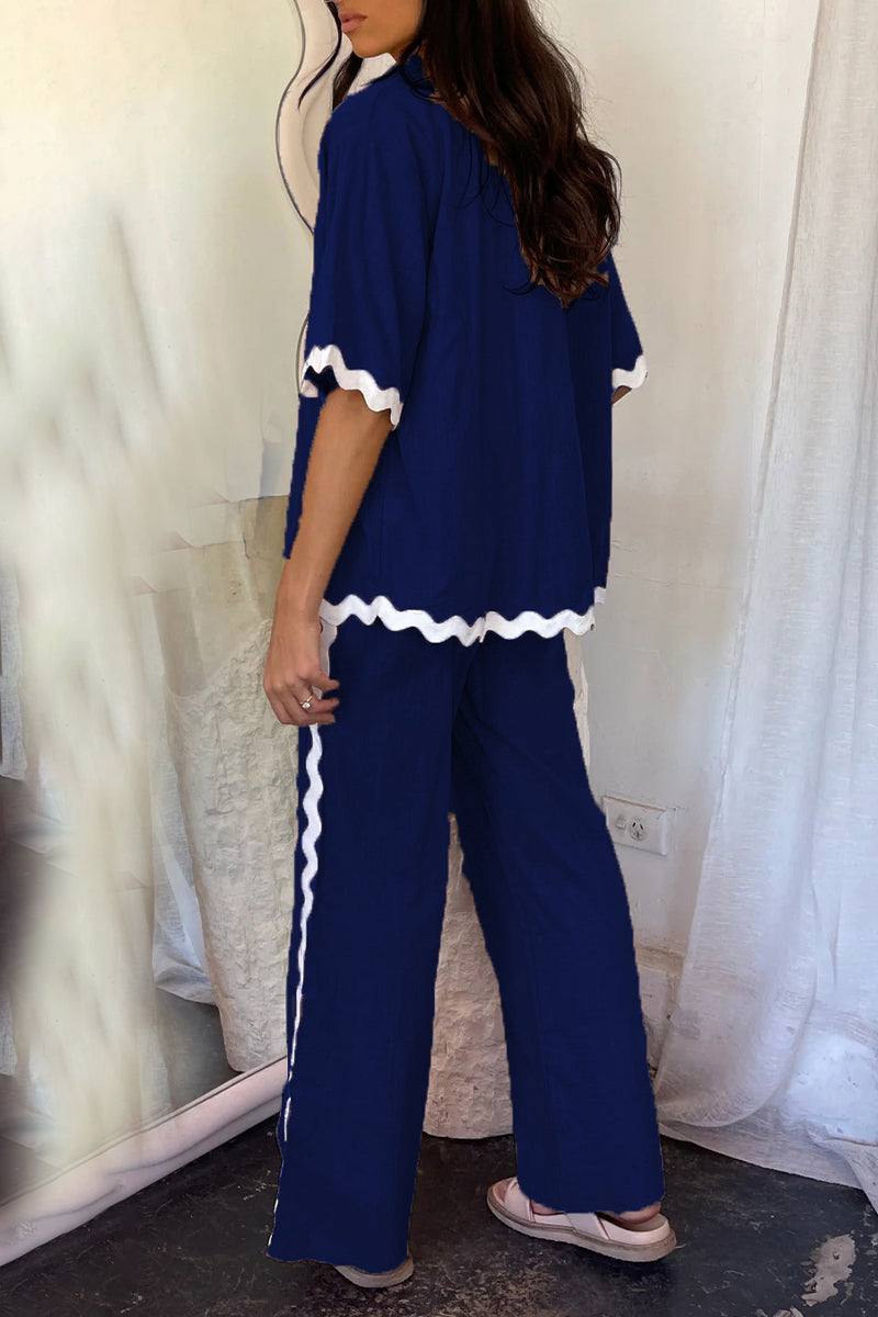 Simplicity Ripple Patchwork Boat Neck Long Sleeve Two Pieces