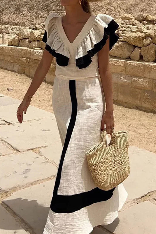 Flounce Contrast V Neck Two Pieces