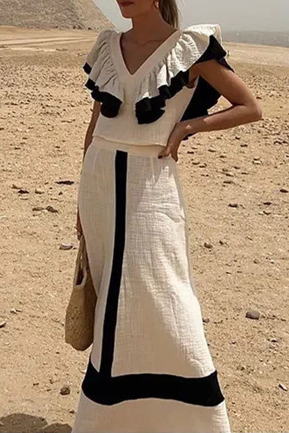 Flounce Contrast V Neck Two Pieces