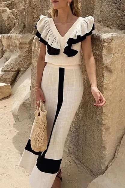 Flounce Contrast V Neck Two Pieces