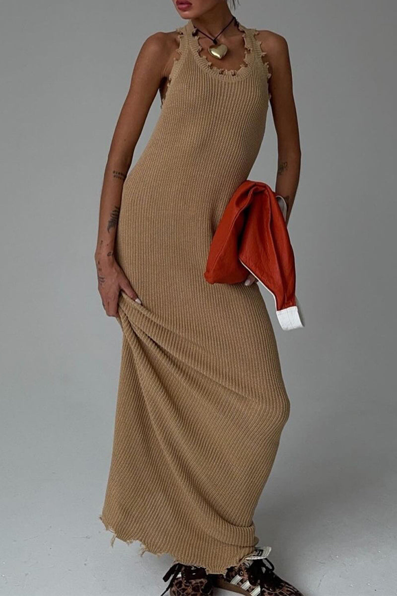 Simplicity Ripped O Neck One Step Skirt Dresses
