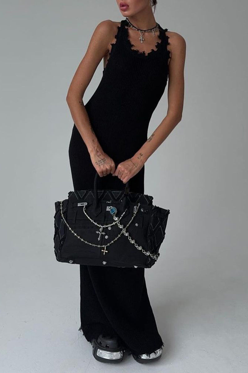 Simplicity Ripped O Neck One Step Skirt Dresses