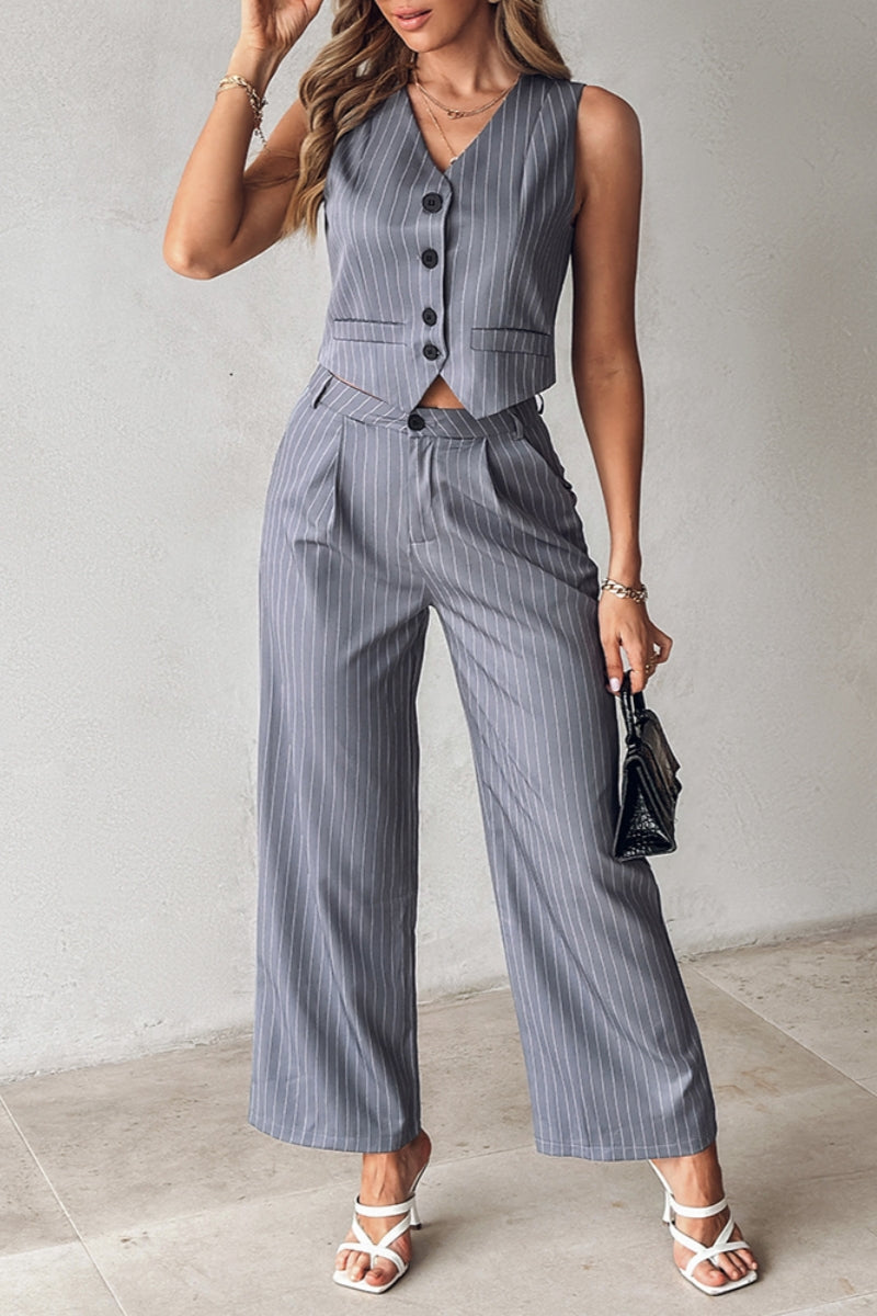 Striped Patchwork V Neck Sleeveless Two Pieces
