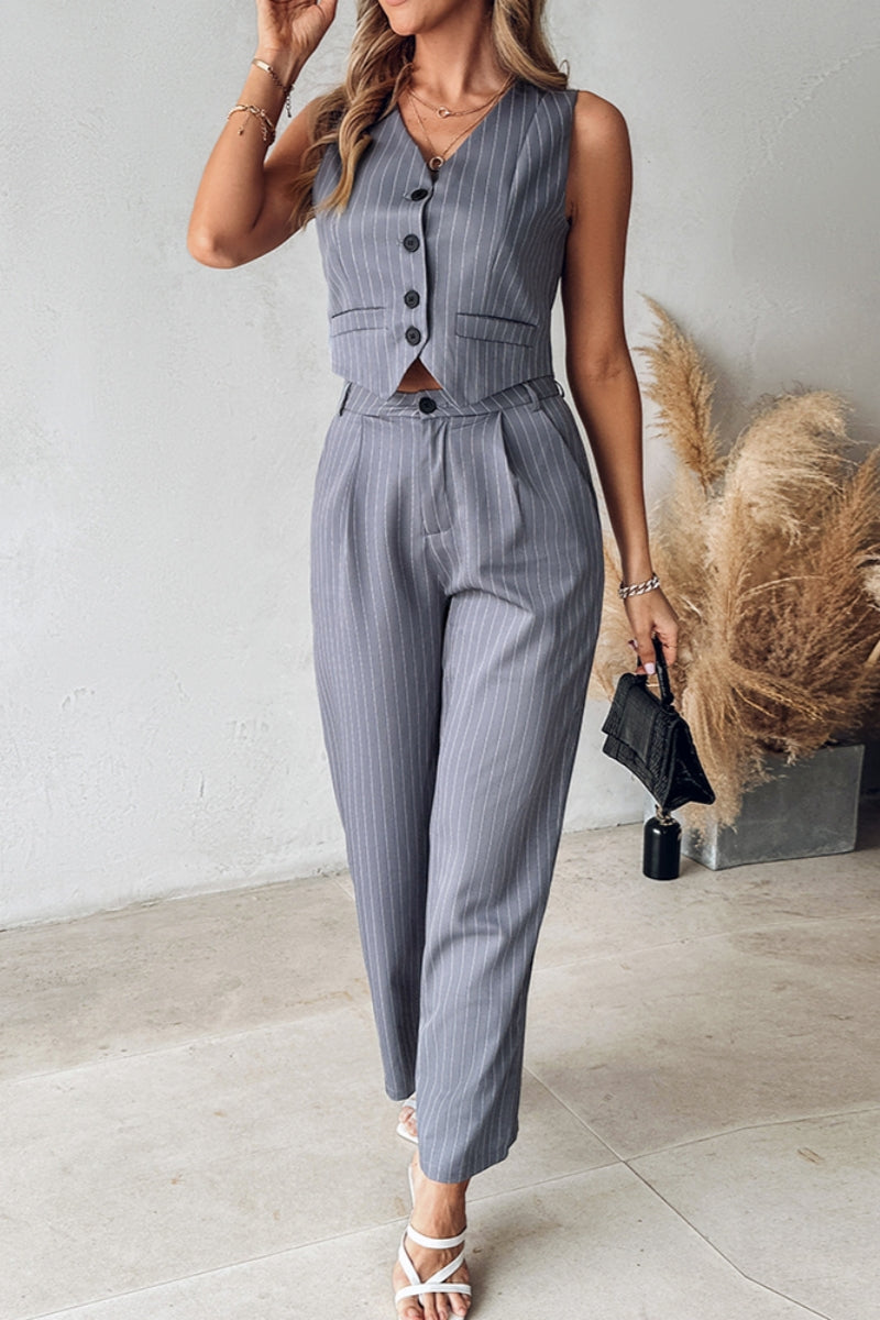 Striped Patchwork V Neck Sleeveless Two Pieces