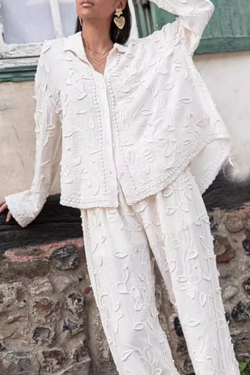 Jacquard Turndown Collar Long Sleeve Two Pieces