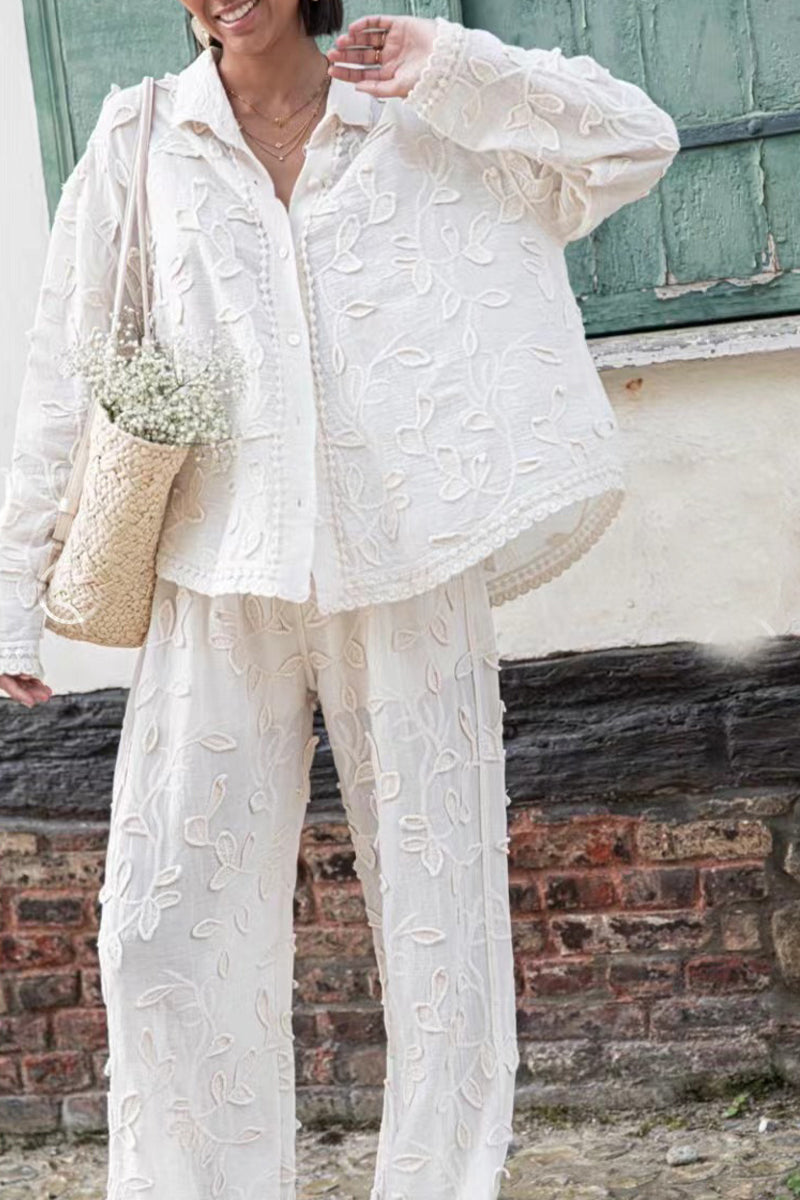 Jacquard Turndown Collar Long Sleeve Two Pieces