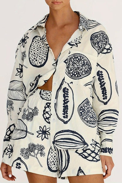 Print Graffiti Pocket Turndown Collar Long Sleeve Two Pieces