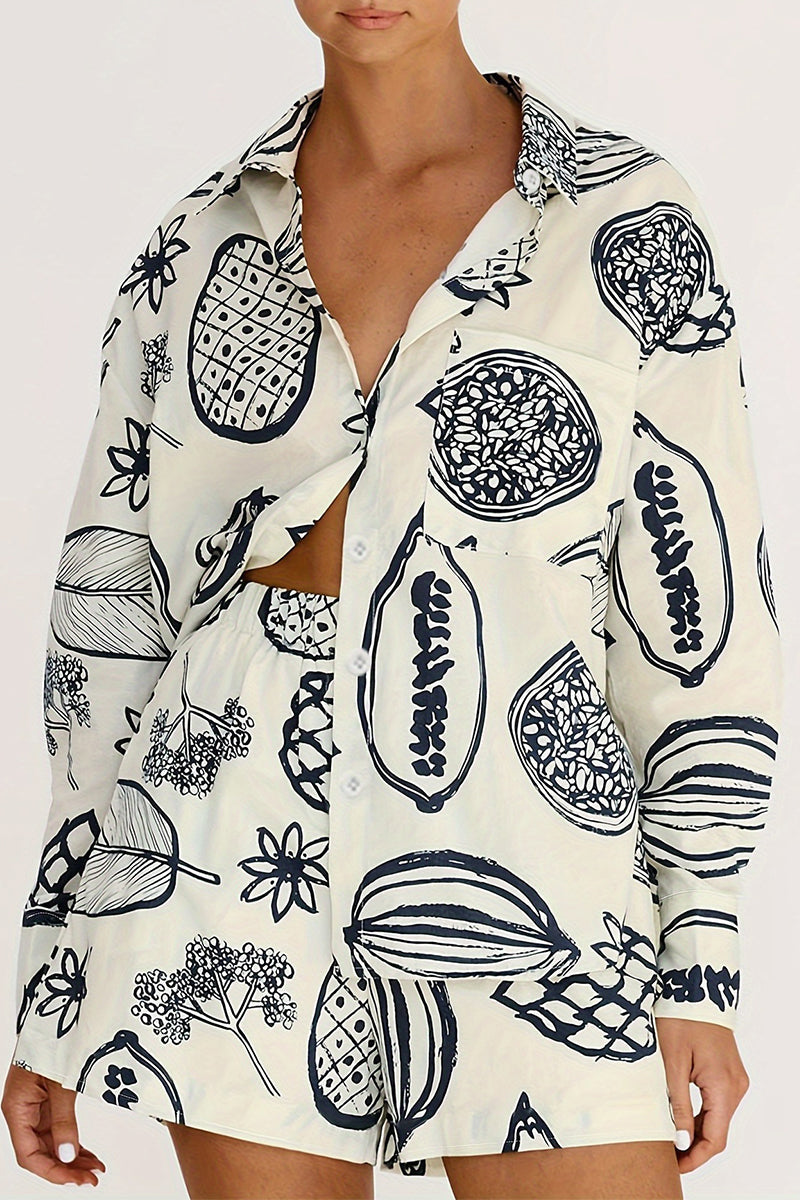 Print Graffiti Pocket Turndown Collar Long Sleeve Two Pieces