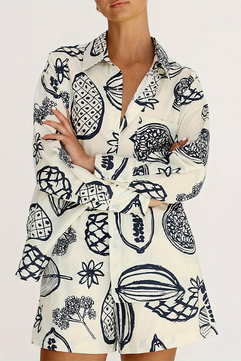 Print Graffiti Pocket Turndown Collar Long Sleeve Two Pieces