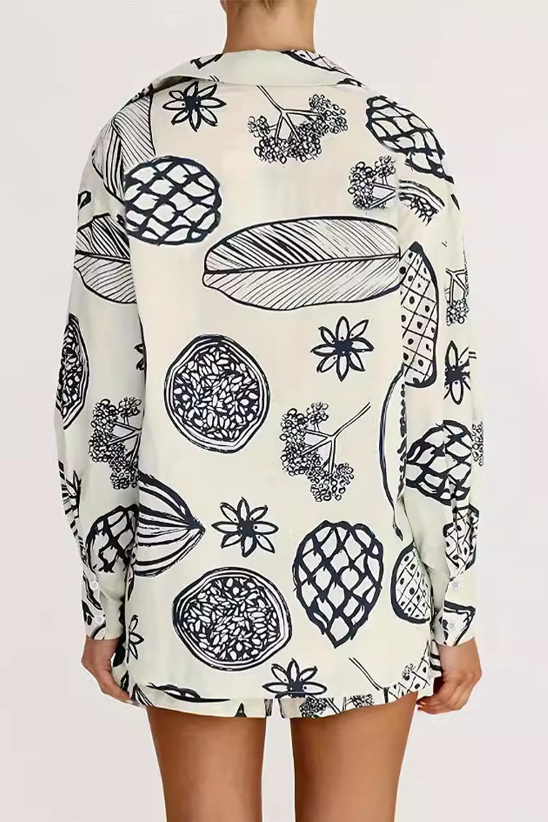 Print Graffiti Pocket Turndown Collar Long Sleeve Two Pieces