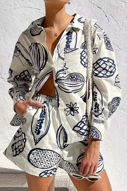 Print Graffiti Pocket Turndown Collar Long Sleeve Two Pieces